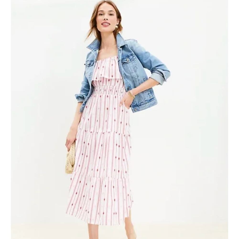 NWT LOFT Striped Ruffle Strappy Tiered Smocked Midi Dress White Red Pink XS - Picture 1 of 15